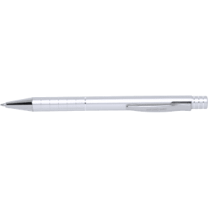 A metal pen with a sleek silver finish and a black writing tip, featuring a clip and textured grip.