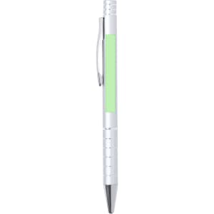 A metal pen in white with a green section and a silver clip, featuring a sleek design and a glossy finish.