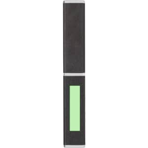 A black metal pen with a green accent. The pen features a logo on its surface.