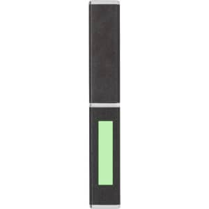 A black metal pen with a green rectangular accent and a logo on the body.