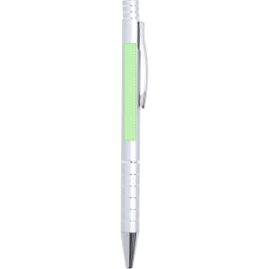 A metallic silver pen with a mint green accent and a clip, featuring a branding logo.