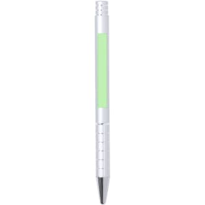A metal pen in white with a green accent. The pen has a sleek design and a shiny tip. It features a logo.