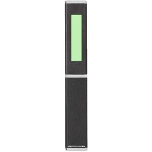A sleek black metal pen with a long green accent and a logo on its surface.