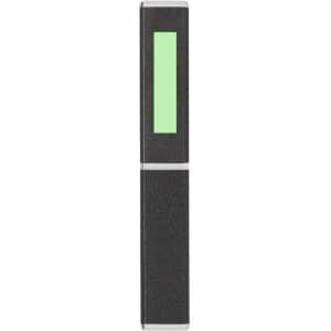 A metal pen in black with a green accent, featuring a sleek design and branding.