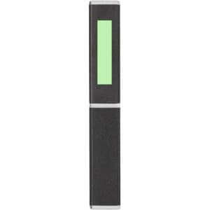 A metal pen with a sleek black body and a green accent. The pen features a logo on its surface.
