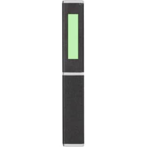 A metal pen in black featuring a green accent and a logo.