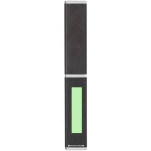 A black metal pen with a simple design and a green highlighting section. It features a logo.