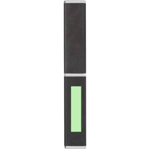 A metal pen in black with a green accent and branding. Suitable for writing.
