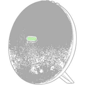 A round grey speaker with a green indicator light and a flat stand at the back, featuring a logo on its surface.