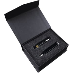 A black box contains a black stylus pen and a USB drive, both nestled in protective foam.