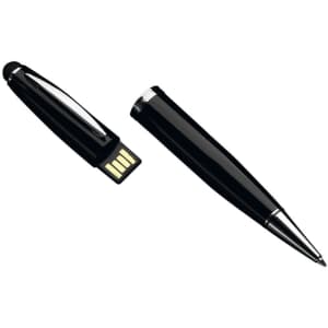 A black stylus touch ball pen with a retractable USB connector and a shiny silver clip. It has a branding logo.