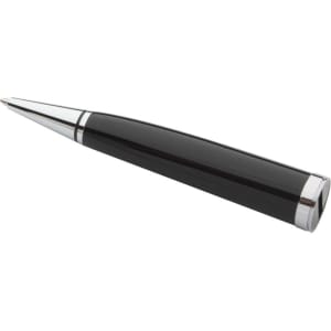 A black stylus touch ball pen with a shiny chrome tip and detailing, featuring a logo.