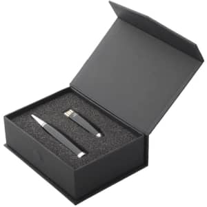 A black gift box containing a stylus pen and USB pen, both with sleek black finishes and silver accents.