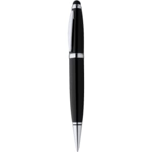 A black stylus touch ball pen with chrome accents, featuring a logo on its body.