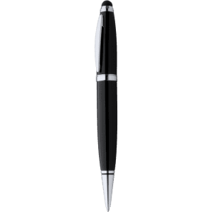 A black stylus touch ball pen with silver accents and a sleek design. It has a logo on the barrel.