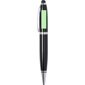 A black stylus touch ball pen with a silver clip and a green area for potential branding. It includes a USB feature.