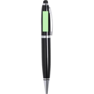 A black stylus touch ball pen with chrome accents and a green highlight area, featuring a logo on the clip.