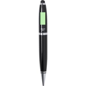 A black stylus touch ball pen with a silver clip and a green touchscreen tip, featuring a logo.