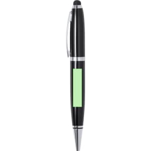 A black stylus touch ball pen with a metallic finish and a green accent, featuring a logo.