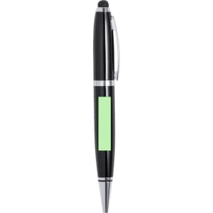 A black stylus touch ball pen with a shiny finish and a silver clip, featuring a logo or branding.