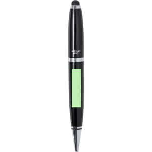 A black stylus touch ball pen with a green section and a logo, designed for writing.