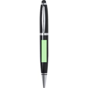 A black stylus touch ball pen with a silver trim and a green section. It has a logo on the barrel.