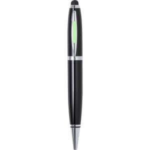 A black stylus touch ball pen with silver accents and a green indicator. It features a logo on the barrel.