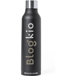 A drink bottle in matte black with a silver cap, featuring a logo on its side.