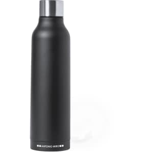 A drink bottle in matte black with a stainless steel lid and a branding logo at the base.