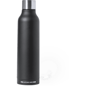A drink bottle in sleek black with a silver lid, featuring a minimalistic design and a logo.