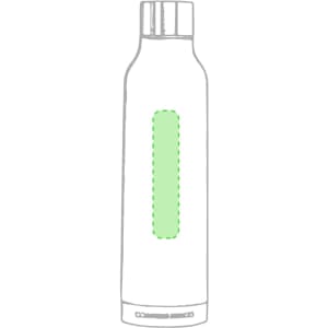 A drink bottle in a sleek design with a transparent green section and a screw-top lid. It features a logo.