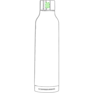 A drink bottle in a sleek design, featuring a green lid, with a logo displayed on its surface.