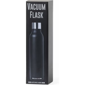 A drink bottle in a sleek black design, packaged in a tall box with a silver lid, featuring a logo.