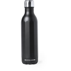 A drink bottle in matte black with a silver lid and a logo on the base, featuring an ergonomic design.