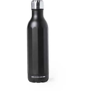 A drink bottle with a sleek black finish and a metallic lid, featuring a branding logo near the base.