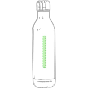 A drink bottle in clear design with a green section and a standard screw top, featuring a logo.