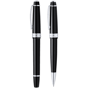 A set of two metal pens in black with silver accents, featuring a sleek design and clips for easy carrying.