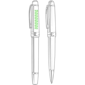 A metal pen featuring a green accent, with a sleek design and clip for easy attachment. It has a logo displayed.