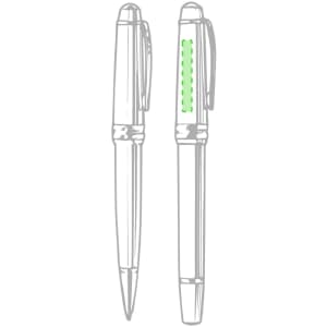 Metal pens in silver with a green accent, featuring a clip and a smooth design. Includes a logo on the side.