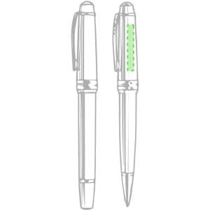 A metal pen with a green accent, featuring a clip and a sleek design, accompanied by another similar pen.