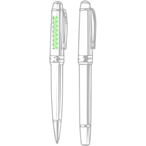 Two metal pens are displayed; one features a green highlight, while the other is a solid metallic finish. Both have clips.