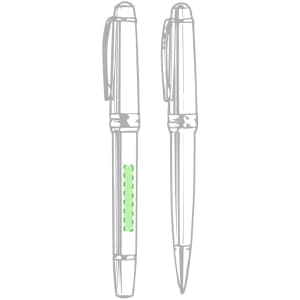 A metal pen with a sleek design featuring a green accent and a logo visible on its surface.