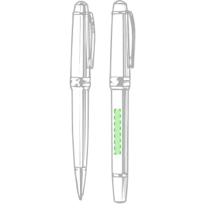 A set of metal pens in silver, featuring a green section in the design. The pens have a clip and a smooth finish.