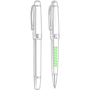 A metal pen in silver with a green accent and a clip. It features a branded logo.