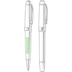 A metal pen set featuring two pens with a silver finish and a green accent on one. Includes clips for convenience.