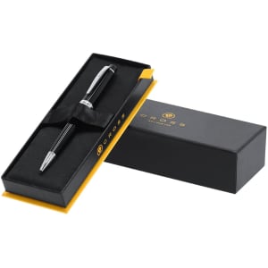 A metal pen in a black and gold presentation box, featuring a sleek design and a branded logo.