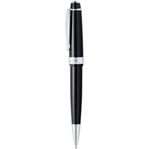 A metal pen featuring a sleek black body and silver accents, complete with a clip and branding.