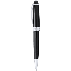 A metal pen, predominantly black with silver accents, featuring a clip and a polished finish. It has a logo on the barrel.