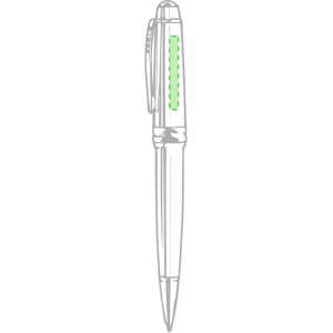 A metal pen with a shiny silver finish and a green accent, featuring a clip and a logo.