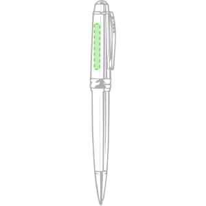 A metal pen in silver with a green accent, featuring a clip and a logo on the barrel.